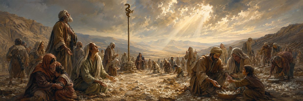 Travelers receive healing as they look toward a bronze serpent and gather manna beneath a softly glowing sky